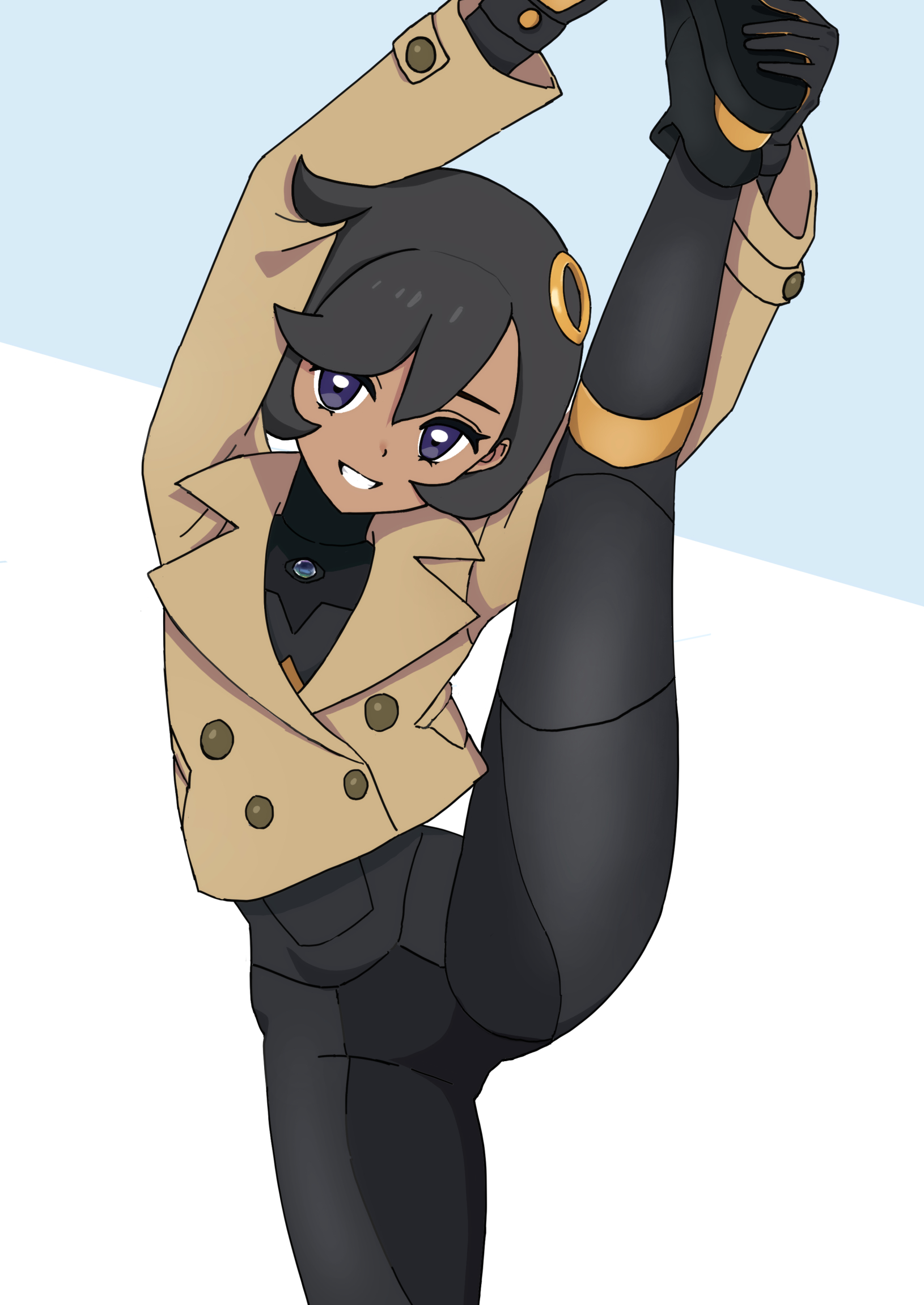 emma (pokemon), nintendo, pokemon, pokemon legends: z-a, commentary request, highres, 1girl, arms up, black bodysuit, black gloves, black hair, black shoes, bodysuit, bodysuit under clothes, brown jacket, cowboy shot, cowlick, dark-skinned female, dark skin, flexible, gloves, grin, hair between eyes, hair ornament, holding own leg, jacket, latex, latex bodysuit, leg hold, leg lift, leg up, long sleeves, mega stone, purple eyes, ranchiman, shoes, short hair, sidelocks, simple background, smile, solo, split, standing, standing on one leg, standing split, swept bangs, teeth