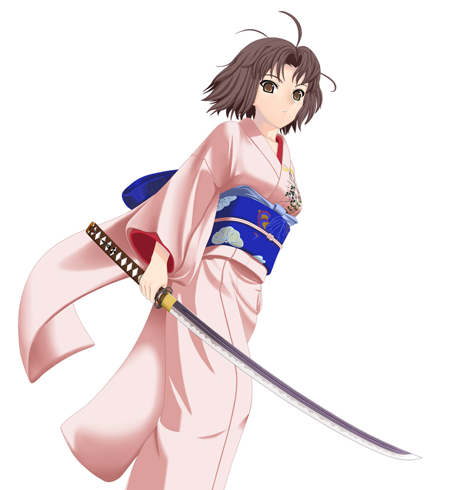 swimmer?, ryougi shiki, kara no kyoukai, bad id, bad pixiv id, brown eyes, brown hair, japanese clothes, katana, kimono, short hair, solo, sword, weapon