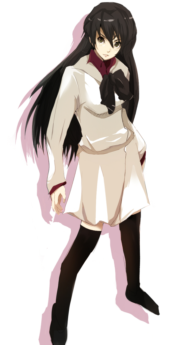 eru (artist), tanashin, kizaki emi, kurogane no linebarrel, bad id, bad pixiv id, 00s, 1girl, black hair, blue eyes, bow, female focus, long hair, solo, thighhighs