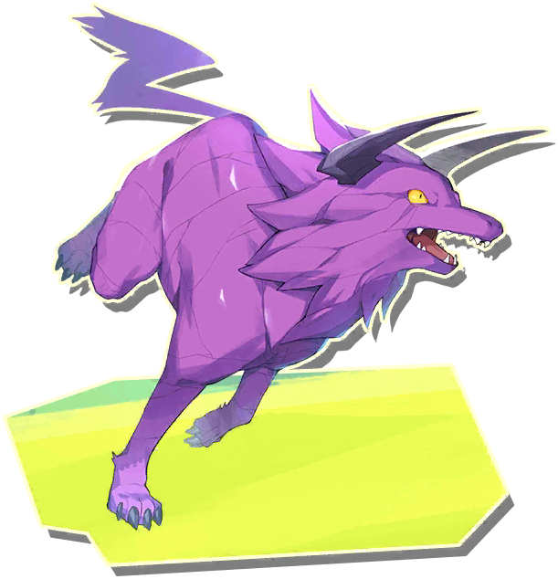 tiger (monster farm), monster farm, monster farm online, official art, cabalos (monster farm), horns, purple fur, running, wolf, yellow eyes
