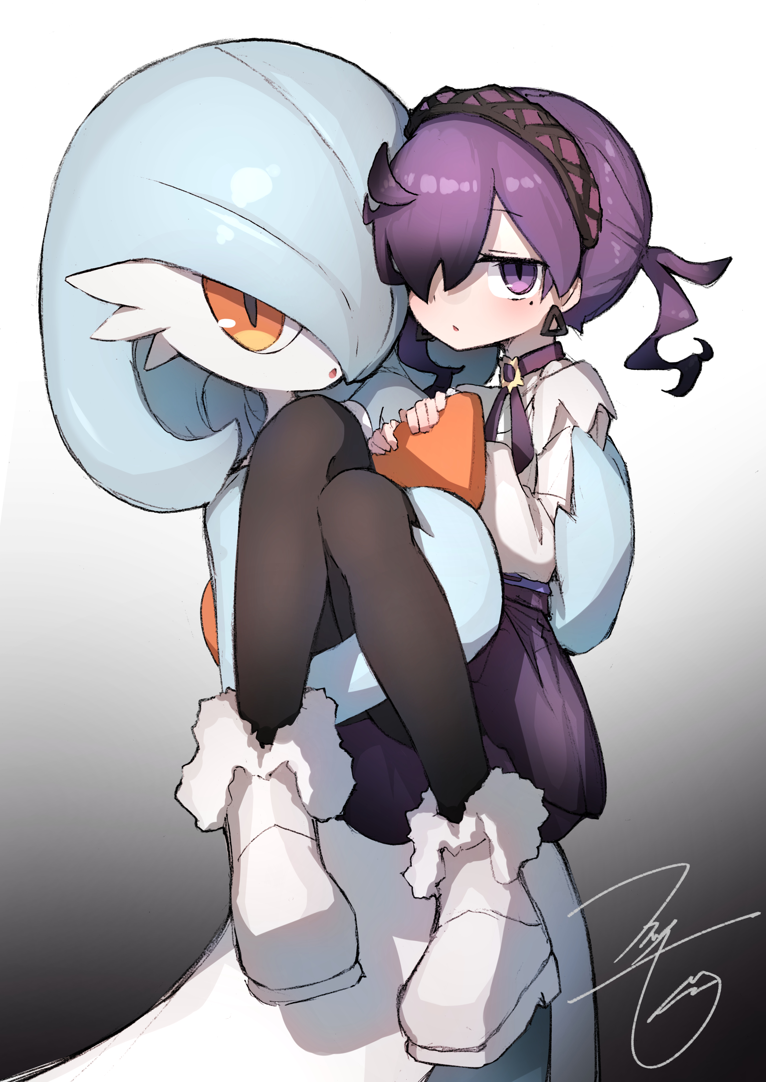 fukutchi, gardevoir, harmony (pokemon), nintendo, pokemon, pokemon legends: z-a, absurdres, highres, 2girls, :o, ahoge, artist name, black pantyhose, blue hair, blue skin, blush, bob cut, boots, carrying, colored skin, earrings, female focus, fold-over boots, fur-trimmed boots, fur trim, gen 3 pokemon, gradient background, grey background, hair over one eye, hairband, hands up, jewelry, knees together feet apart, light blush, long sleeves, looking at viewer, medium hair, multicolored skin, multiple girls, neck ribbon, one eye covered, open mouth, orange eyes, pantyhose, pokemon (creature), princess carry, purple hair, purple hairband, purple ribbon, purple skirt, ribbon, shirt, short hair, signature, simple background, skirt, standing, triangle earrings, twintails, two-tone skin, white boots, white shirt, white skin