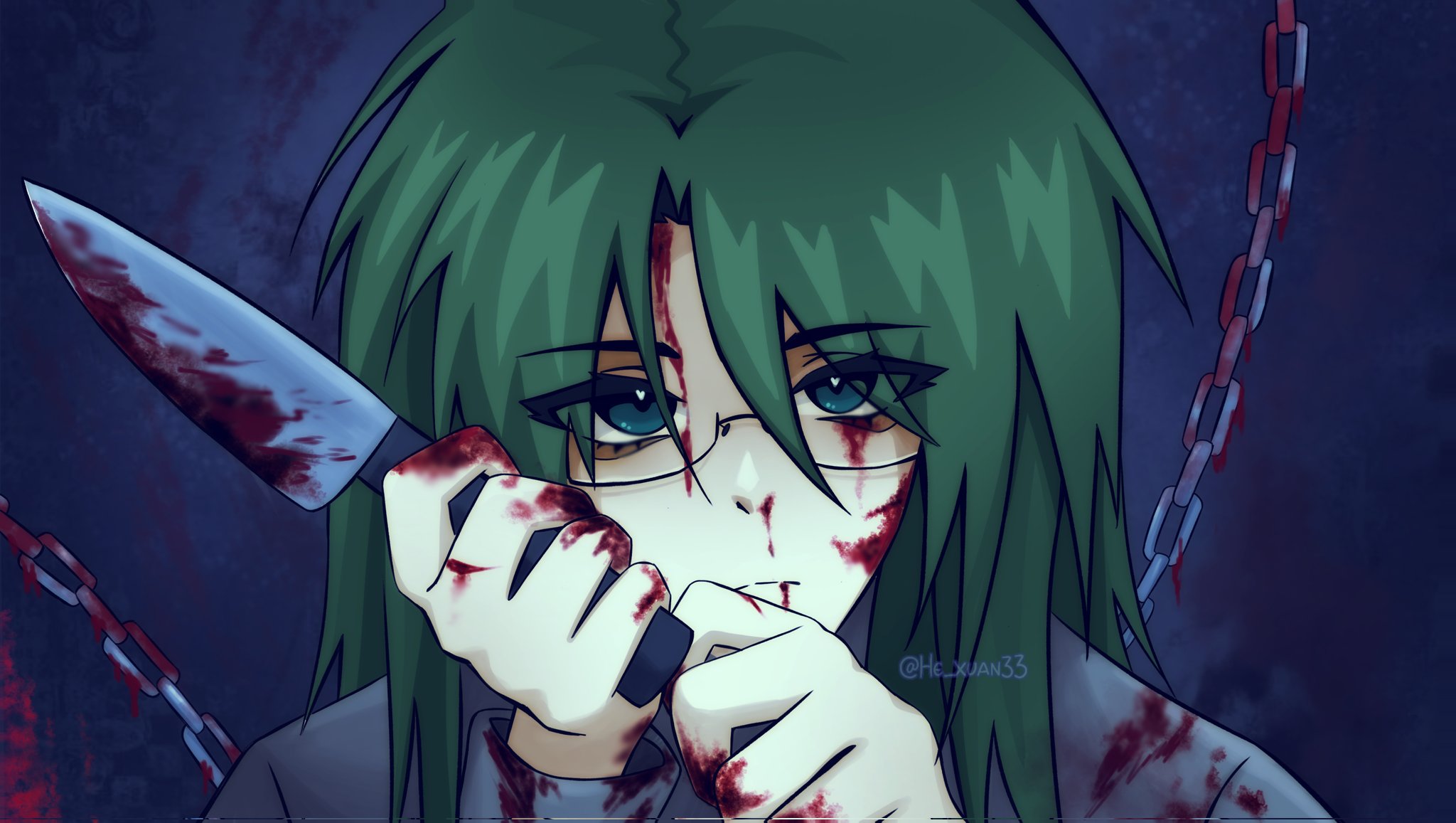 asougi rin, mnemosyne, highres, 1girl, artist name, blood, blood on clothes, blood on face, bloody knife, chain, expressionless, glasses, green eyes, green hair, knife, long hair, looking at viewer, solo, sweater