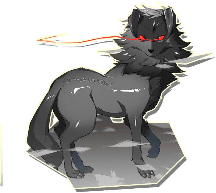 tiger (monster farm), monster farm, monster farm online, official art, black fur, glowing, glowing eyes, horns, red eyes, terror dog (monster farm), wolf