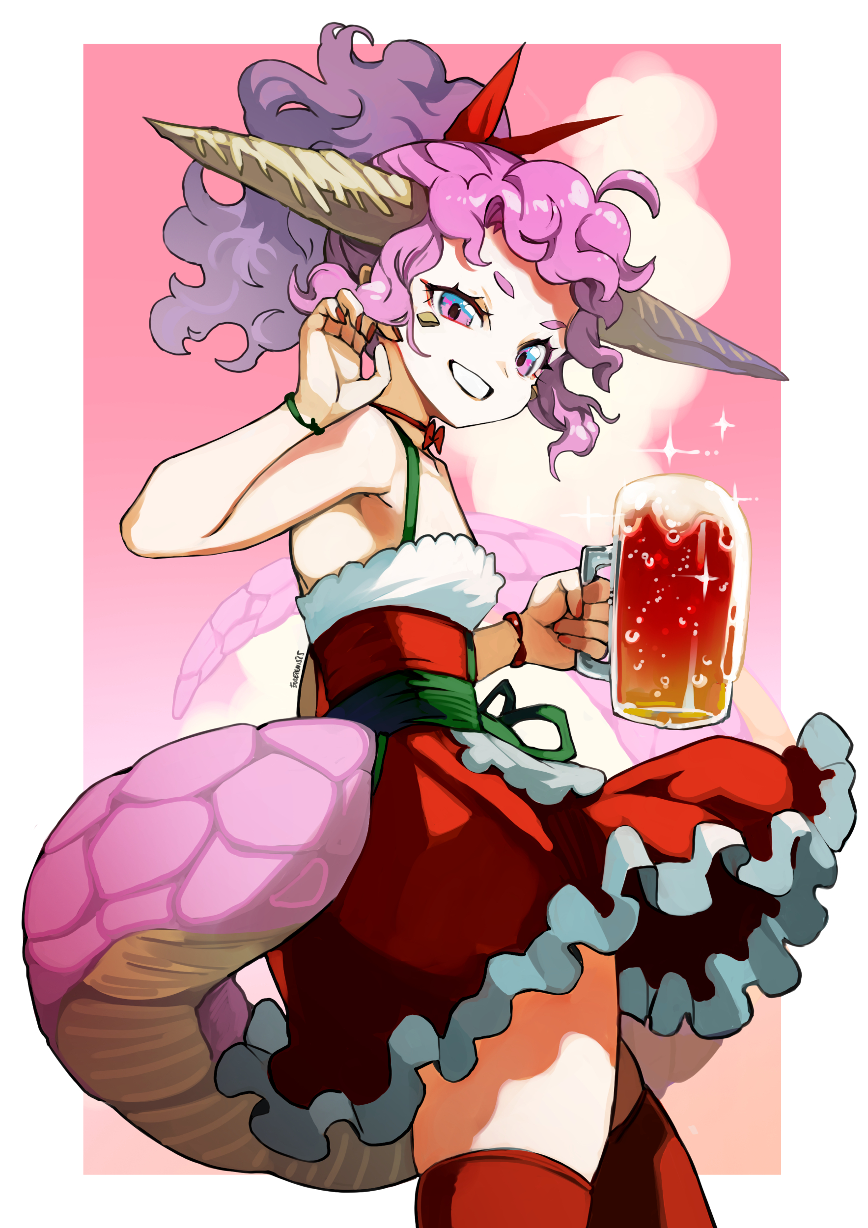 eudetenis, original, absurdres, clip studio paint (medium), commentary, highres, 1girl, alcohol, armpit peek, beer, beer mug, border, cowboy shot, cup, curly hair, dress, from side, grin, hand up, holding, holding cup, horns, looking at viewer, looking to the side, mug, multicolored eyes, outside border, pink background, pink hair, red dress, red thighhighs, short dress, sleeveless, sleeveless dress, smile, solo, sparkle, tail, thighhighs, two-tone eyes, white border, zettai ryouiki