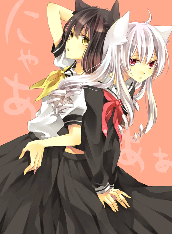 karu, yuzuki karu, original, silver hair, bad id, bad pixiv id, 2girls, animal ears, black hair, cat ears, long hair, multiple girls, red eyes, school uniform, serafuku, yellow eyes