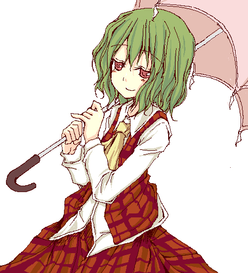 natsuk, kazami yuuka, touhou, 1girl, ascot, blush, female focus, green hair, plaid clothes, plaid skirt, plaid vest, red eyes, short hair, simple background, skirt, skirt set, smile, solo, umbrella, vest, white background
