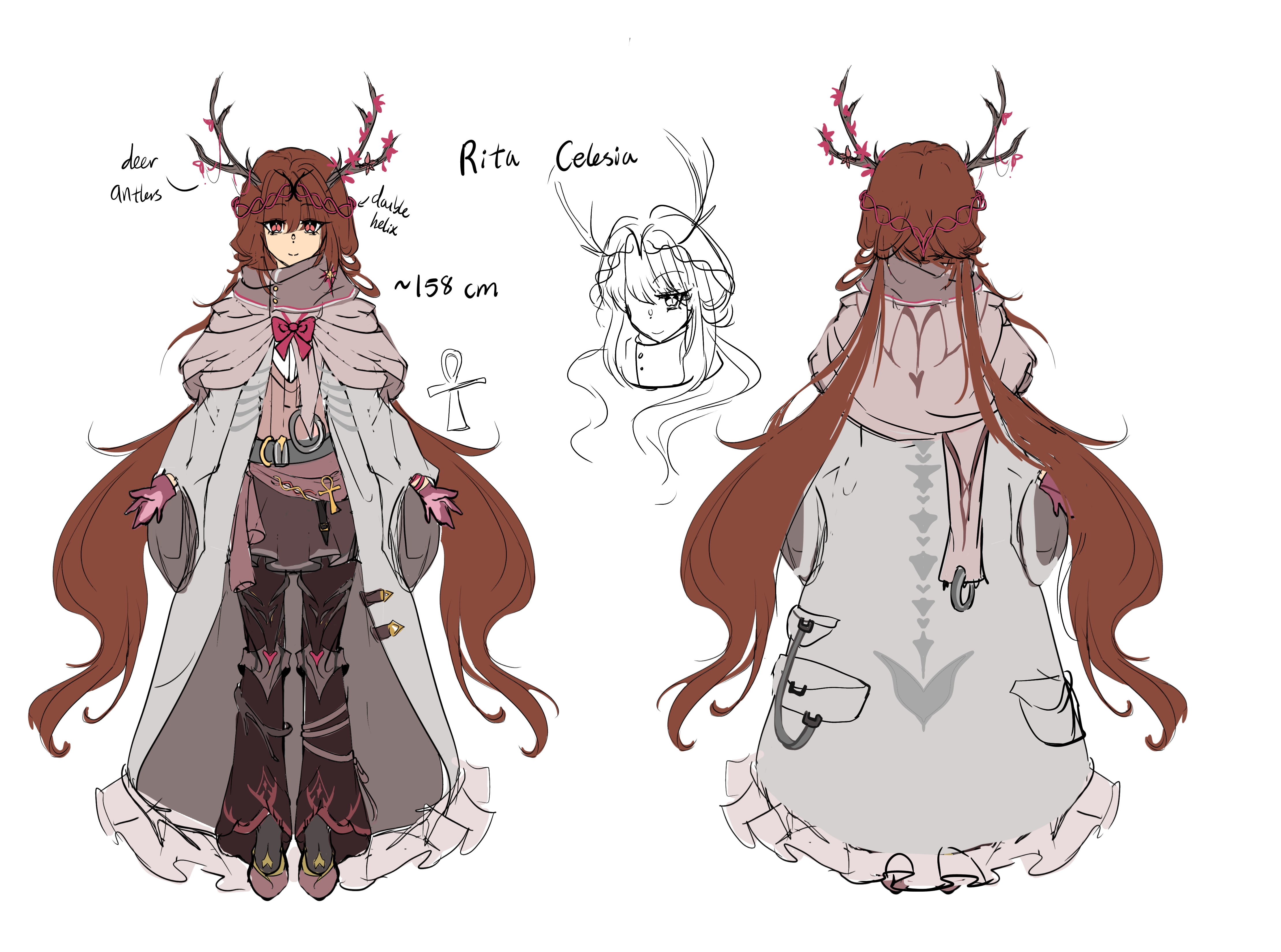 original, absurdres, artist request, highres, non-web source, self-upload, 1girl, antlers, bow, character name, deer antlers, gloves, horns, jacket, knee pads, low twintails, open clothes, open jacket, pants, reference sheet, sketch, skirt, solo, standing, sweater, twintails, winter clothes