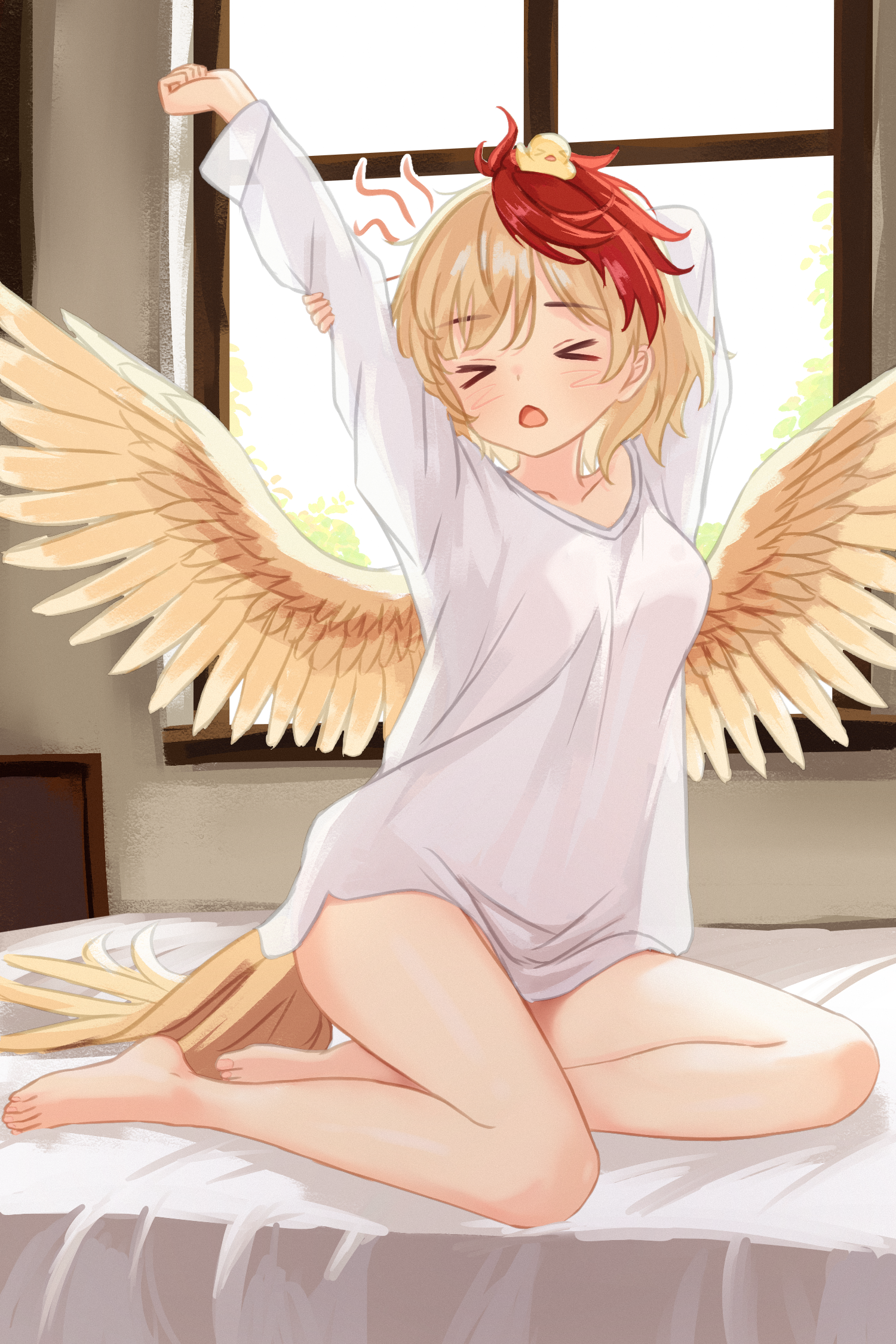 chunjiu, niwatari kutaka, touhou, commentary request, highres, > <, 1girl, alternate costume, animal, animal on head, baby animal, barefoot, bird, bird on head, bird tail, bird wings, blonde hair, breasts, chick, feathered wings, indoors, long sleeves, multicolored hair, naked shirt, on bed, on head, red hair, shirt, sitting, solo, stretching, tail, toes, two-tone hair, white shirt, wings, yellow wings