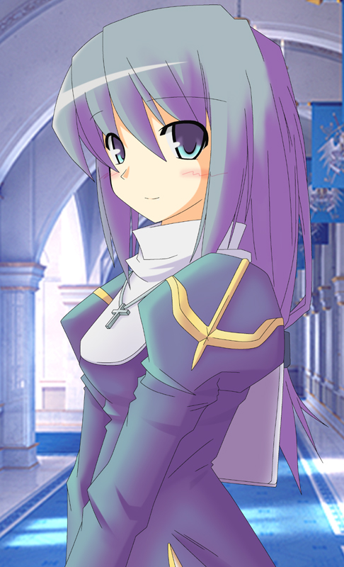 sia (testarossa), priest (ragnarok online), ragnarok online, commentary request, 1girl, 2000s (style), blue dress, blue eyes, blush, closed mouth, cross, cross necklace, dress, grey hair, indoors, jewelry, juliet sleeves, long hair, long sleeves, looking at viewer, necklace, photo background, puffy sleeves, smile, solo, upper body