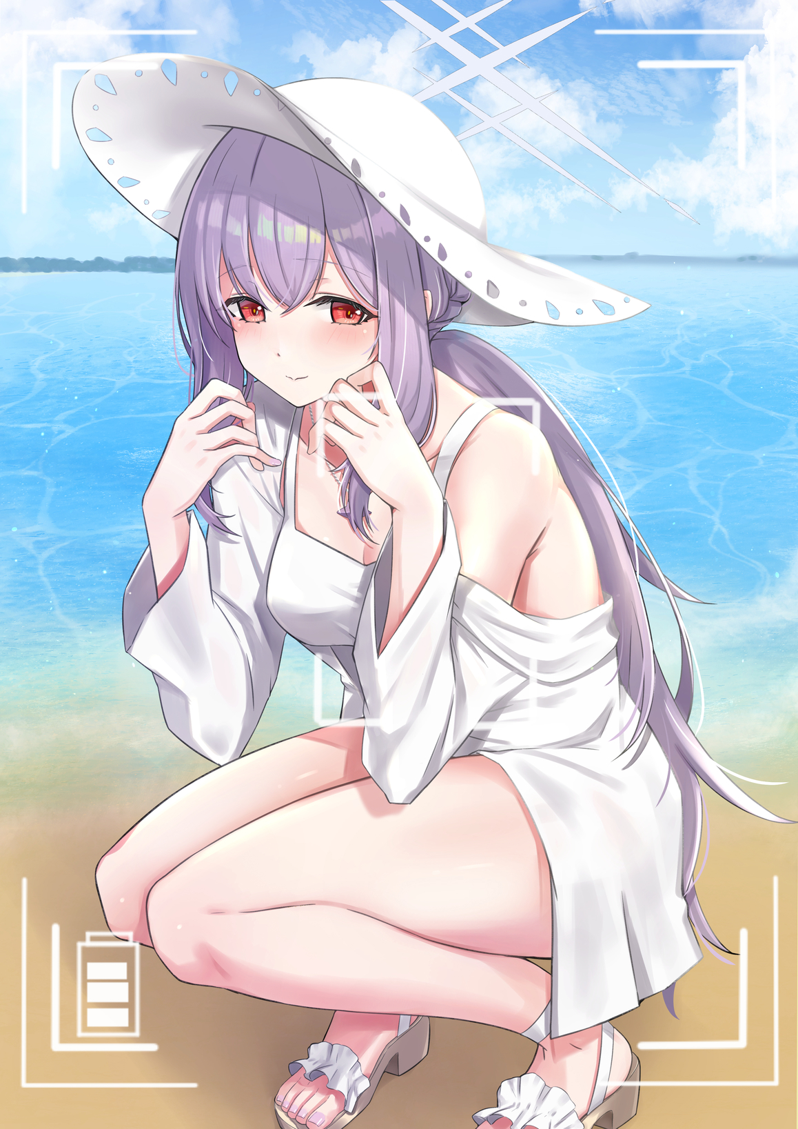 asya, atsuko (blue archive), atsuko (swimsuit) (blue archive), blue archive, highres, 1girl, beach, bikini, cross halo, halo, hat, ocean, official alternate costume, purple eyes, red eyes, smile, solo, sun hat, swimsuit, white bikini, white halo, white hat