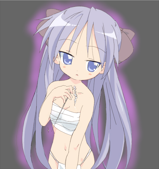 core (mayomayo), hiiragi kagami, lucky star, light purple hair, bad id, bad pixiv id, 00s, 1girl, blue eyes, blush, bow, breasts, cleavage, female focus, fundoshi, hair bow, japanese clothes, long hair, midriff, purple eyes, purple hair, sarashi, small breasts, solo, twintails