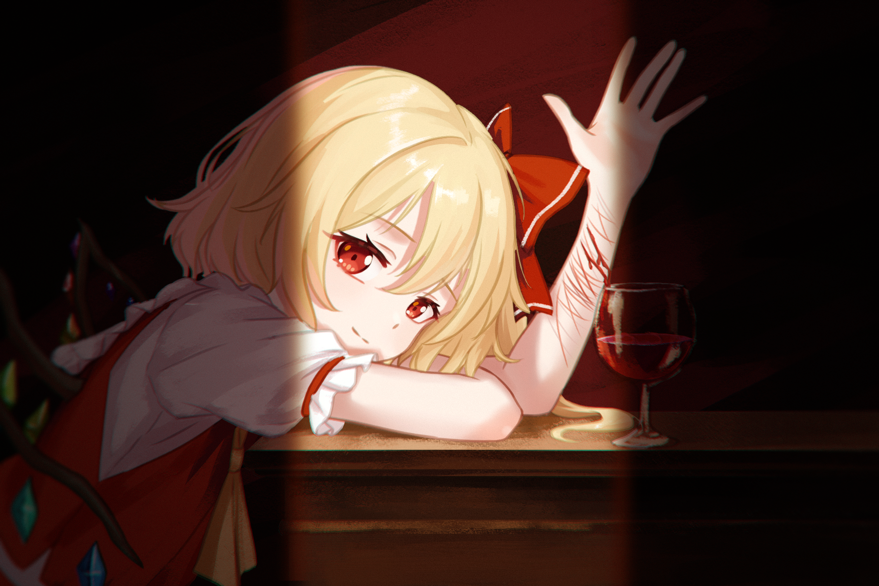 chunjiu, flandre scarlet, touhou, commentary, highres, 1girl, ascot, bleeding, blonde hair, blood, closed mouth, crystal, crystal wings, cup, drinking glass, long hair, looking at viewer, multicolored wings, no headwear, puffy short sleeves, puffy sleeves, red eyes, red vest, self-harm scar, shirt, short sleeves, smile, solo, vest, white shirt, wine glass, wings, wrist cutting, yellow ascot