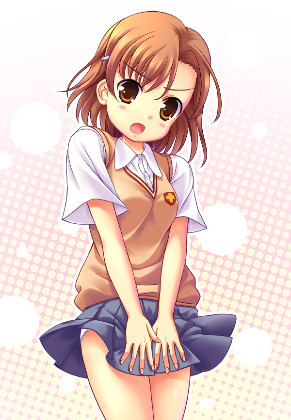 uehara yukihiko, misaka mikoto, toaru majutsu no index, bad id, bad pixiv id, 00s, asymmetrical bangs, blush, brown hair, panties, school uniform, short hair, skirt, solo, underwear
