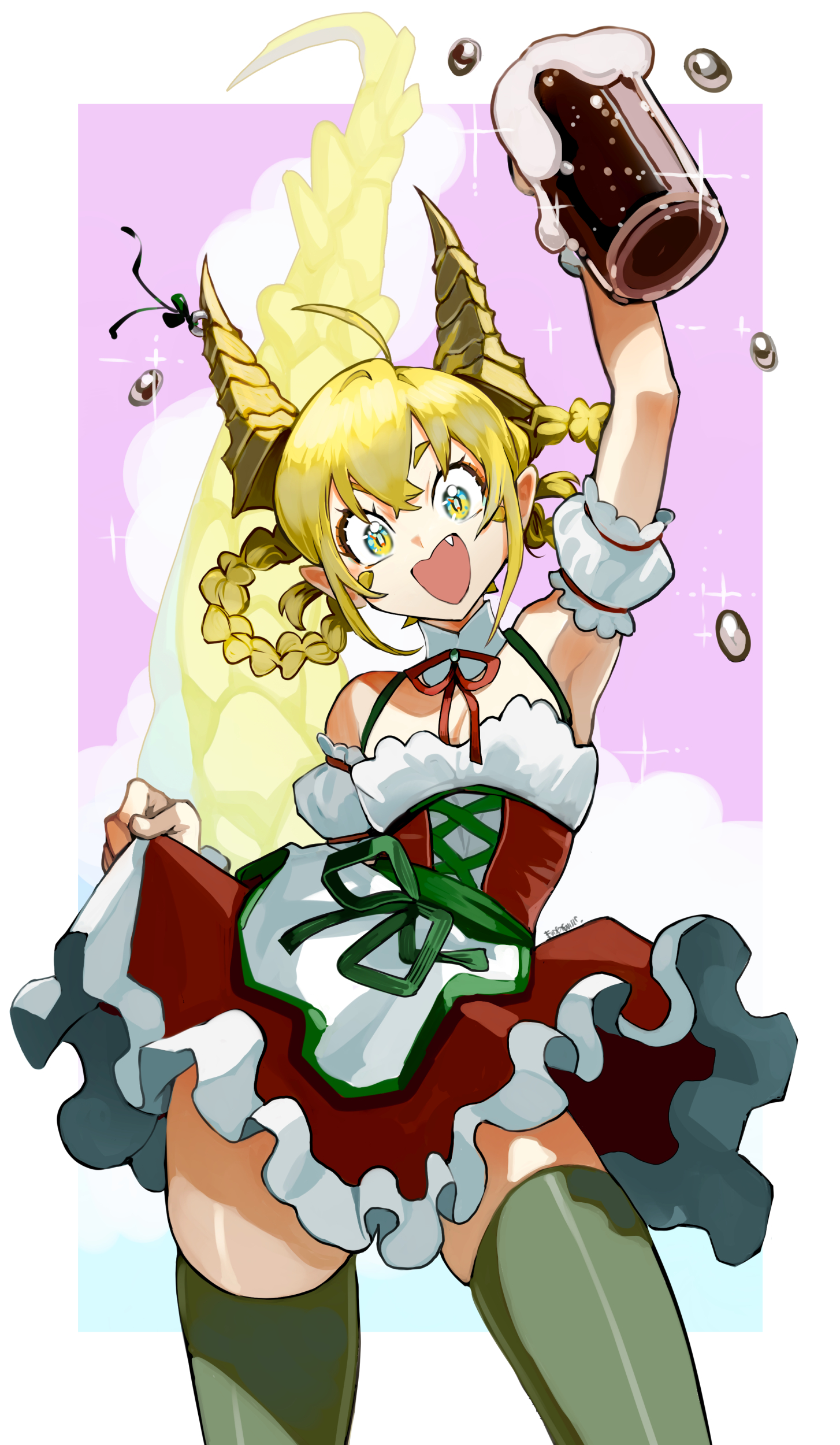 eudetenis, original, absurdres, clip studio paint (medium), commentary, highres, 1girl, ahoge, alcohol, arm up, armband, armpits, beer, beer mug, blonde hair, border, braid, braided hair rings, collar, contrapposto, cowboy shot, cup, detached collar, dress, fang, green thighhighs, hair between eyes, hair rings, holding, holding cup, horns, long bangs, mug, multicolored dress, multicolored eyes, neck ribbon, open mouth, outside border, pink background, red ribbon, ribbon, short dress, sleeveless, sleeveless dress, smile, solo, sparkle, standing, tail, thighhighs, two-tone eyes, white armband, white border, white collar, zettai ryouiki
