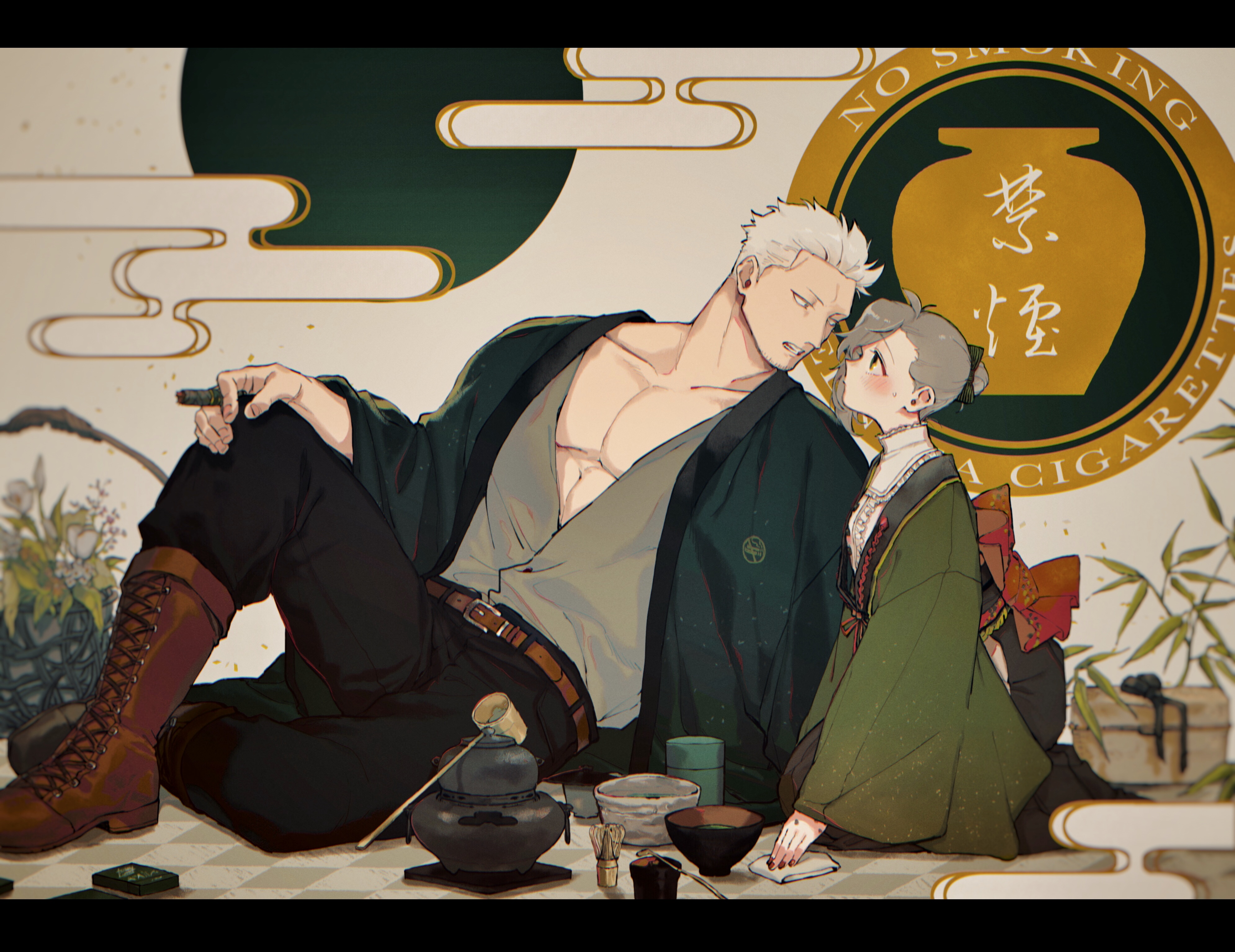 kabane (rjev8385), smoker (one piece), one piece, original, absurdres, commentary request, highres, 1boy, 1girl, antenna hair, back bow, belt, belt buckle, black bow, black hakama, black haori, black pants, blush, boots, bow, bowl, brown belt, brown boots, buckle, center frills, checkered floor, cigar, collarbone, eye contact, facial hair, flower, frills, goatee stubble, green eyes, green kimono, grey hair, grey shirt, hair bow, hair bun, hakama, hand on own knee, handkerchief, haori, holding, holding cigar, incense burner, japanese clothes, jitome, kimono, knee up, lace-up boots, letterboxed, long sleeves, looking at another, muscular, muscular male, obi, oc x canon, pants, pectorals, plant, potted plant, profile, sash, seiza, shirt, short hair, single hair bun, sitting, small sweatdrop, smoking, stubble, white flower, white hair, white shirt, wide sleeves