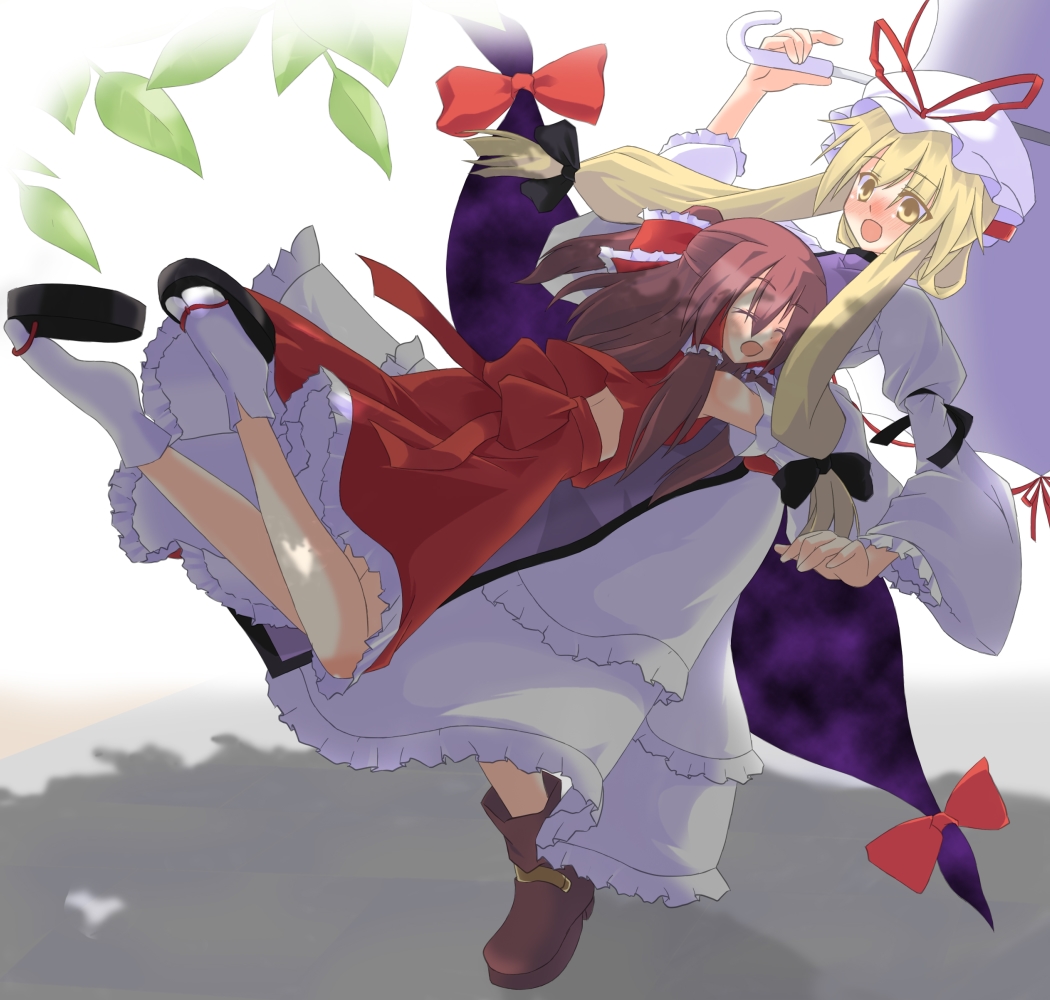 gumoyu, hakurei reimu, yakumo yukari, touhou, bad id, bad pixiv id, 2girls, blonde hair, brown hair, detached sleeves, elbow gloves, female focus, gap (touhou), glomp, gloves, hat, hug, japanese clothes, long hair, miko, multiple girls, ribbon, short hair, umbrella, yellow eyes