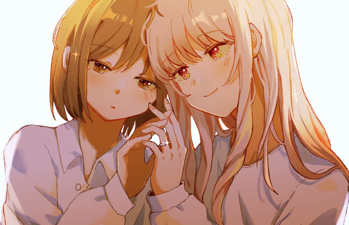 kyline, akiyama mizuki, shinonome ena, project sekai, commentary request, 1girl, 1other, brown eyes, brown hair, closed mouth, collared shirt, couple, glint, hair between eyes, half-closed eyes, hand up, head tilt, heads together, holding hands, interlocked fingers, jewelry, light blush, long hair, long sidelocks, long sleeves, looking ahead, looking at viewer, other with female, parted lips, pink eyes, pink hair, portrait, ring, shirt, side-by-side, sidelocks, simple background, smile, swept bangs, white background, white shirt