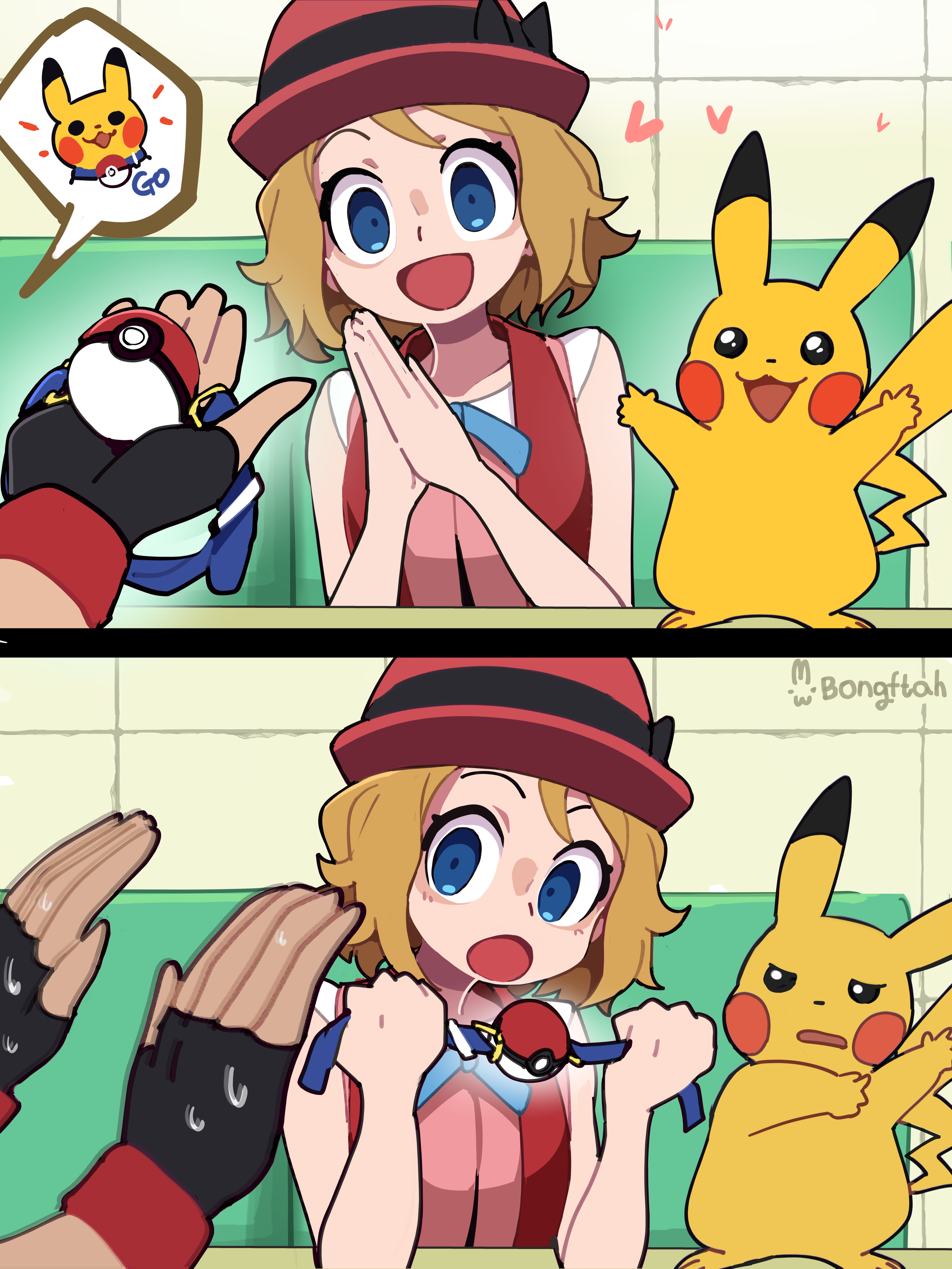 bongftah, ash ketchum, pikachu, serena (pokemon), nintendo, pokemon, pokemon (anime), pokemon xy (anime), absurdres, highres, 1boy, 1girl, applying gag, ball gag, bare shoulders, blue eyes, brown hair, collar, gag, gen 1 pokemon, half-closed eyes, hat, holding, holding collar, holding gag, indoors, misunderstanding, pink hat, pink shirt, poke ball, poke ball (basic), red vest, shirt, unworn collar, unworn gag, vest, you're doing it wrong