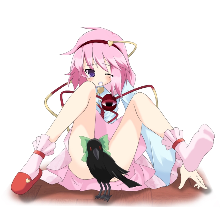 gumoyu, komeiji satori, reiuji utsuho, reiuji utsuho (bird), touhou, bad id, bad pixiv id, 1girl, censored, convenient censoring, feet, female focus, full body, pink eyes, pink hair, shoes, single shoe, skirt, socks, solo, upskirt, white background