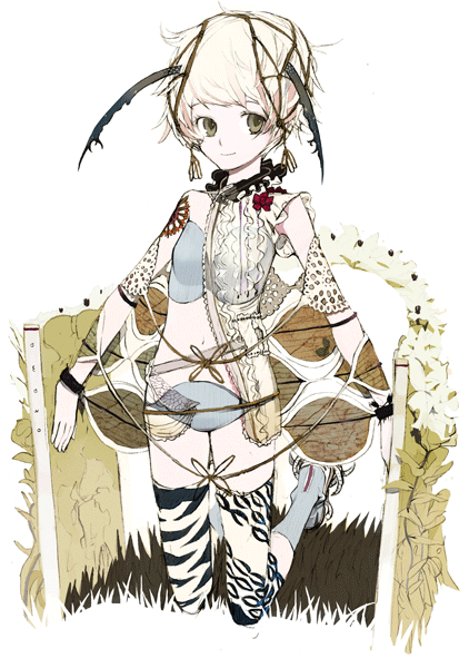 okama, original, 1girl, asymmetrical legwear, blonde hair, female focus, full body, looking at viewer, mismatched legwear, revealing clothes, see-through clothes, short hair, simple background, solo, thighhighs, white background, yellow eyes
