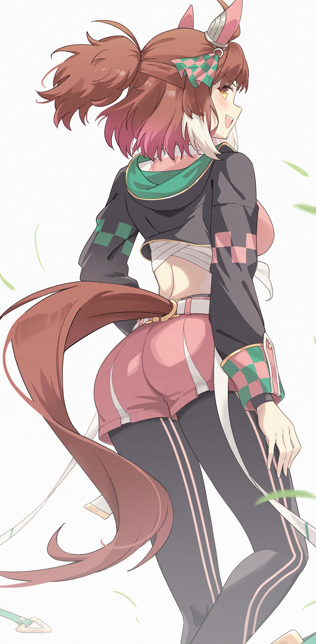 profnote, dantsu flame (umamusume), umamusume, absurdres, highres, 1girl, ahoge, animal ears, ass, brown hair, from behind, horse ears, horse girl, horse tail, open mouth, pink shorts, shorts, smile, solo, tail