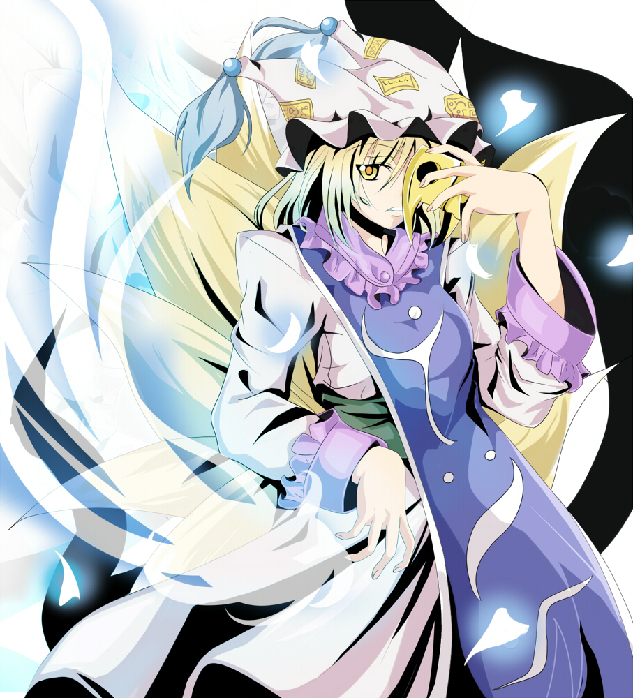 shino (moment), yakumo ran, touhou, 1girl, animal hat, blonde hair, female focus, hat, long sleeves, mask, mob cap, multiple tails, short hair, solo, tail, tassel