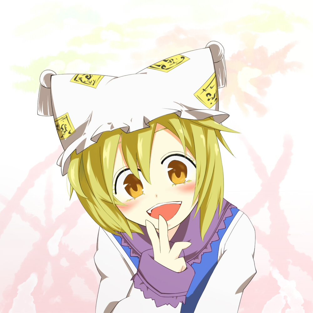 shyu-indigo, yakumo ran, touhou, bad id, bad pixiv id, 1girl, animal hat, blonde hair, blush, female focus, hat, long sleeves, mob cap, short hair, solo, tassel, yellow eyes