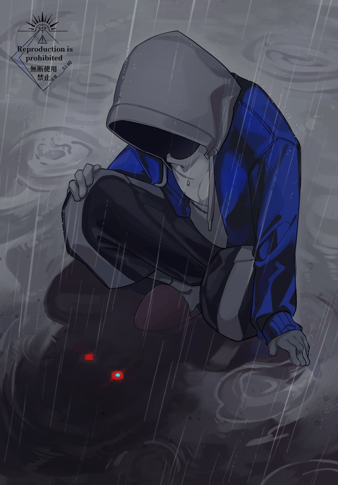 sans (undertale), dusttale, undertale, utdr (toby fox), commentary request, highres, 1boy, alternate universe, ankle socks, arm up, black pants, blue jacket, drawstring, facing down, from above, full body, gloves, grey background, grey hood, hand on own knee, hood, hood up, hooded jacket, hunched over, jacket, knee up, male focus, on one knee, open clothes, open jacket, outdoors, pants, pink slippers, r 5140, rain, shadow, shirt, simple background, single vertical stripe, slippers, socks, solo, watermark, white gloves, white shirt, white socks