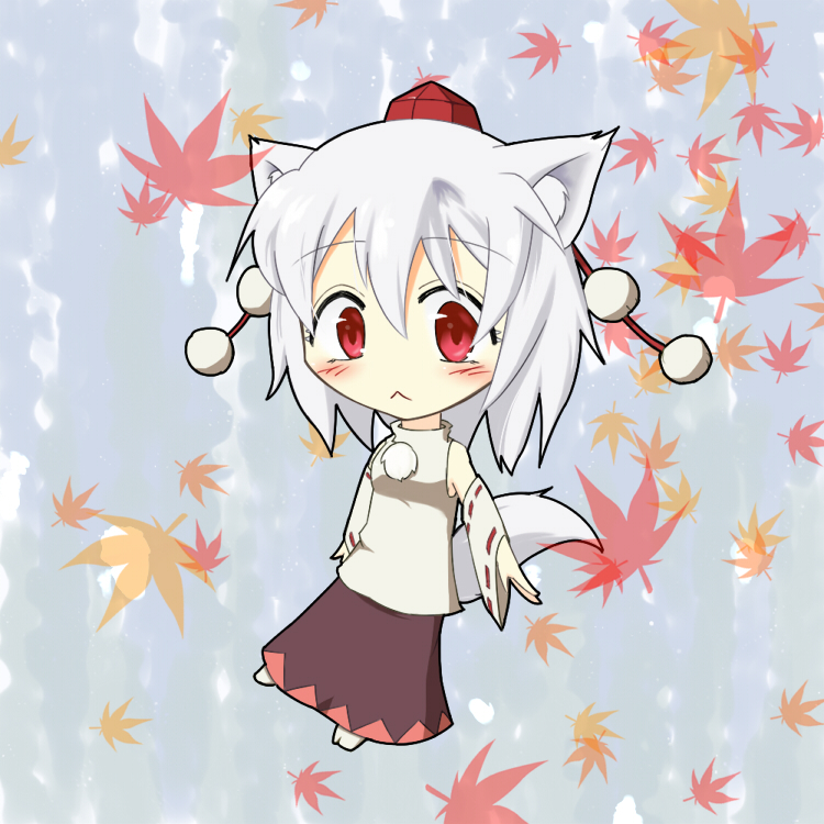 shyu-indigo, inubashiri momiji, touhou, bad id, bad pixiv id, 1girl, :<, animal ears, chibi, detached sleeves, female focus, full body, hat, leaf, plant, red eyes, solo, tail, tokin hat, wolf ears, wolf tail
