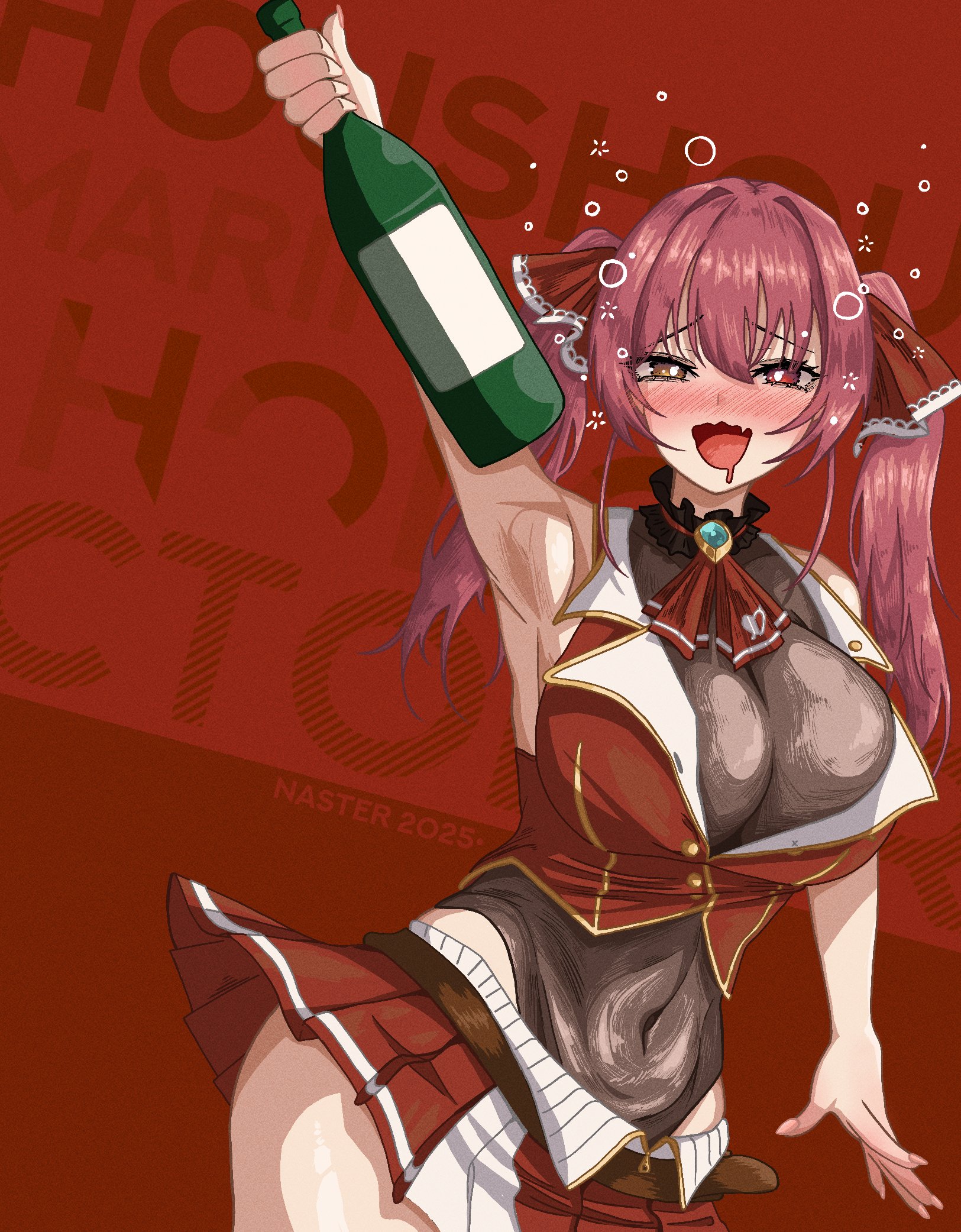 nasterro, houshou marine, hololive, highres, 1girl, alcohol, blush, bottle, breasts, cleavage, drooling, drunk, hair ribbon, large breasts, leotard, long hair, looking at viewer, open mouth, red eyes, red hair, ribbon, skirt, smile, solo, yellow eyes