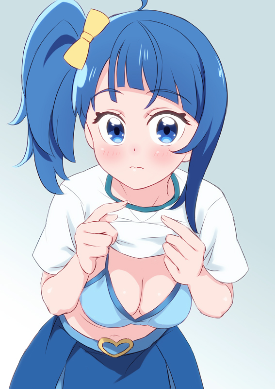 mini koala, sora harewataru, hirogaru sky! precure, precure, bad id, bad twitter id, commentary, inactive account, 1girl, belt, blue belt, blue bra, blue eyes, blue hair, blue skirt, blush, bow, bra, breasts, buckle, cleavage, closed mouth, clothes lift, cut bangs, frown, gradient background, hair bow, heart, heart-shaped buckle, leaning forward, lifting own clothes, looking at viewer, medium breasts, medium hair, navel, pleated skirt, school uniform, shirt, shirt lift, short sleeves, side ponytail, single sidelock, skirt, solo, sorashido academy school uniform, standing, t-shirt, underwear, undressing, white shirt, yellow bow