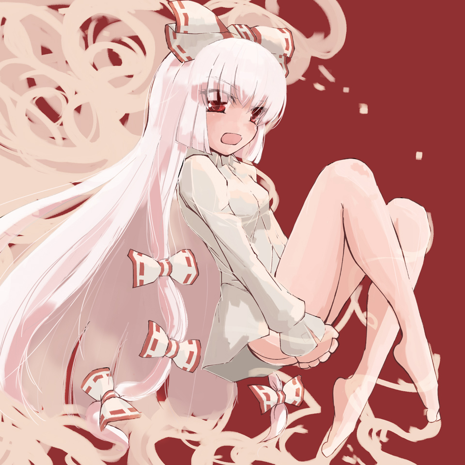 nakedgeneral, fujiwara no mokou, touhou, bad id, bad pixiv id, 1girl, ass, barefoot, feet, female focus, full body, hair ribbon, legs, red eyes, ribbon, solo, white hair