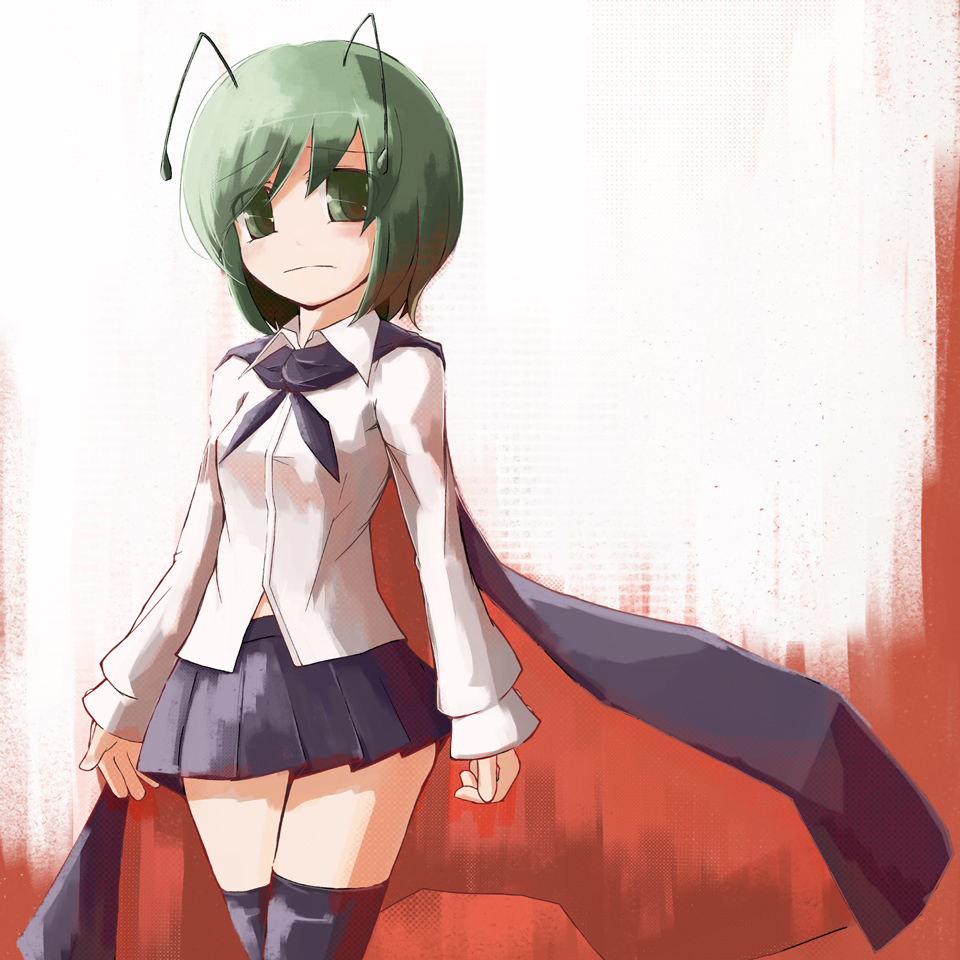 nakedgeneral, wriggle nightbug, touhou, 1girl, antennae, black thighhighs, blush, cape, dress shirt, female focus, gradient background, green eyes, green hair, matching hair/eyes, shirt, short hair, skirt, solo, thighhighs, white background, zettai ryouiki
