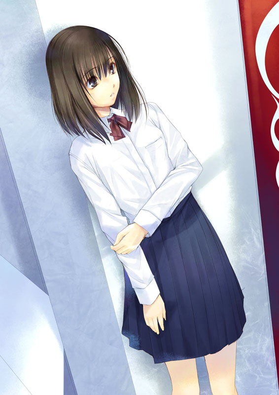 kirishima satoshi, original, bad id, bad pixiv id, 1girl, black hair, brown eyes, female focus, open mouth, school, school uniform, skirt, solo, standing, vending machine