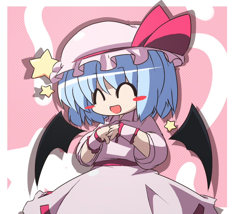 oka (bananashoe), remilia scarlet, touhou, 1girl, :d, ^ ^, bat wings, blue hair, blush stickers, closed eyes, female focus, hat, open mouth, short hair, smile, solo, star (symbol), wings, wrist cuffs