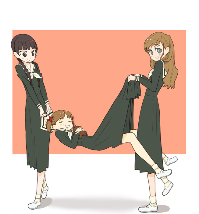 nse, fukuzawa yumi, shimazu yoshino, toudou shimako, maria-sama ga miteru, 00s, 3girls, black hair, bobby socks, braid, clothes lift, hammock, long hair, mary janes, multiple girls, school uniform, shoes, skirt, skirt lift, sleeping, socks, stuffed animal, stuffed toy, teddy bear, twin braids, twintails, uwabaki