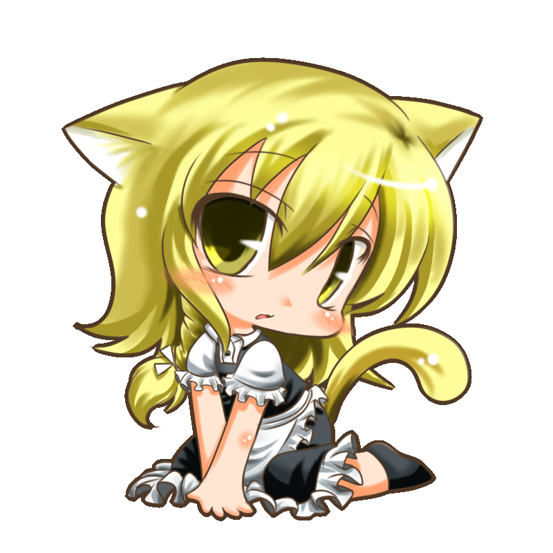 koha, kirisame marisa, touhou, 1girl, animal ears, blonde hair, braid, cat ears, cat girl, cat tail, chibi, female focus, kemonomimi mode, looking at viewer, no headwear, short hair, sitting, solo, tail, v arms, wariza, yellow eyes