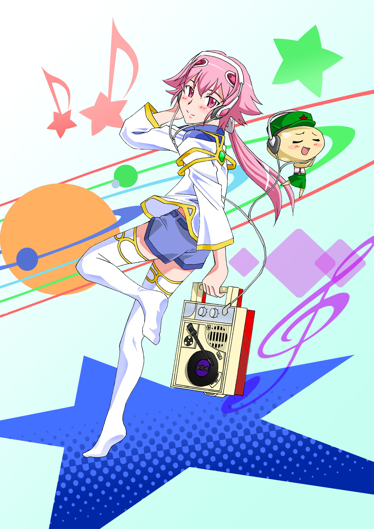 hisou noa, shishidou akiha, shishidou imoko, sora wo kakeru shoujo, highres, 00s, 1girl, blue shorts, blush, blush stickers, cable, closed eyes, closed mouth, from behind, green hat, green skirt, hat, headphones, holding, leg up, long sleeves, looking at viewer, looking back, musical note, no shoes, pink eyes, pink hair, planet, poncho, quaver, shirt, shorts, skirt, smile, standing, standing on one leg, star (symbol), sun, suspender skirt, suspenders, thighhighs, white shirt, white thighhighs