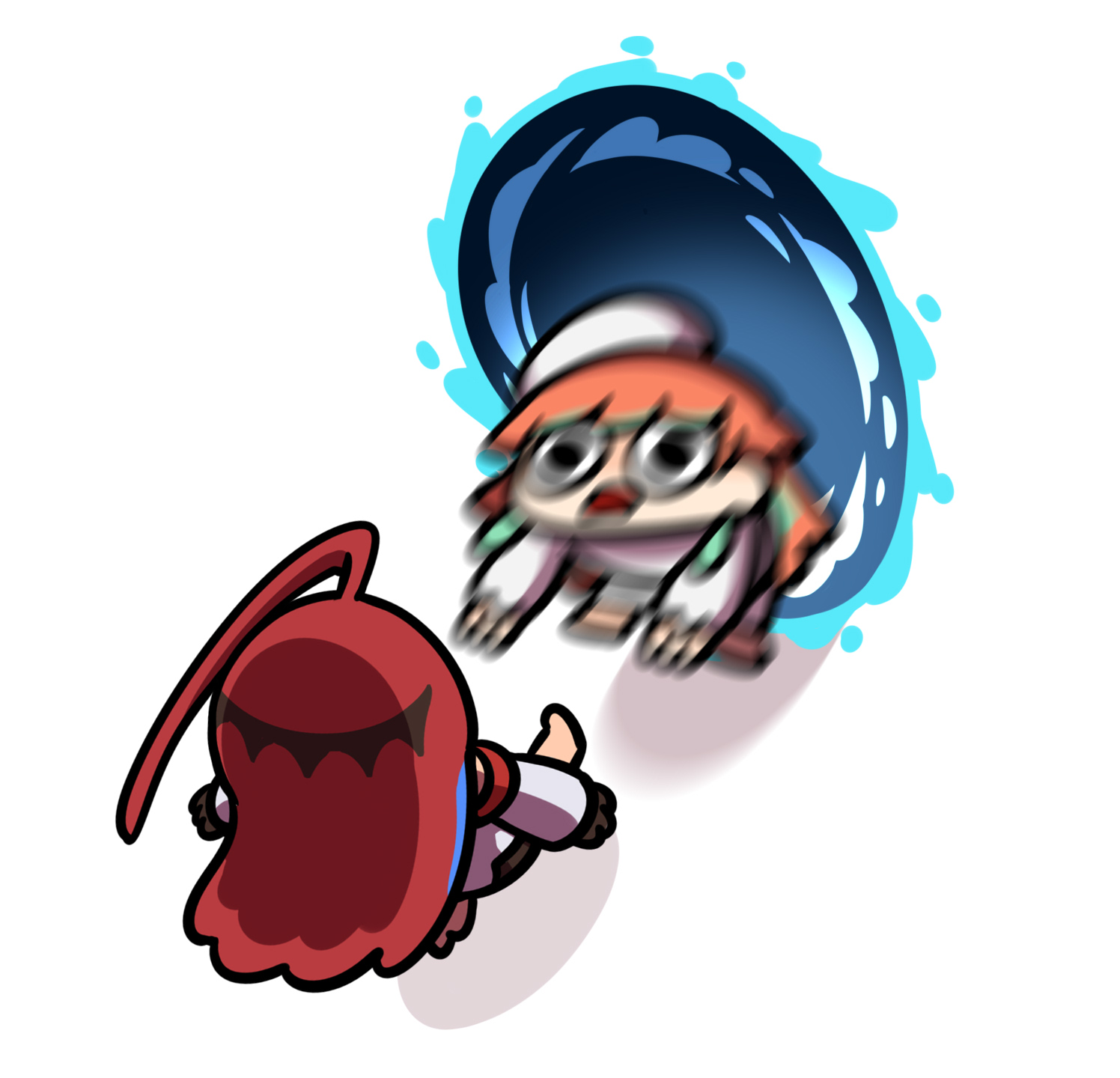 keenbiscuit, elizabeth rose bloodflame, takanashi kiara, hololive, hololive english, commentary, english commentary, highres, 2girls, ahoge, aqua hair, beret, blue hair, detached sleeves, hat, multicolored hair, multiple girls, open mouth, orange hair, portal (object), red hair, streaked hair, virtual youtuber