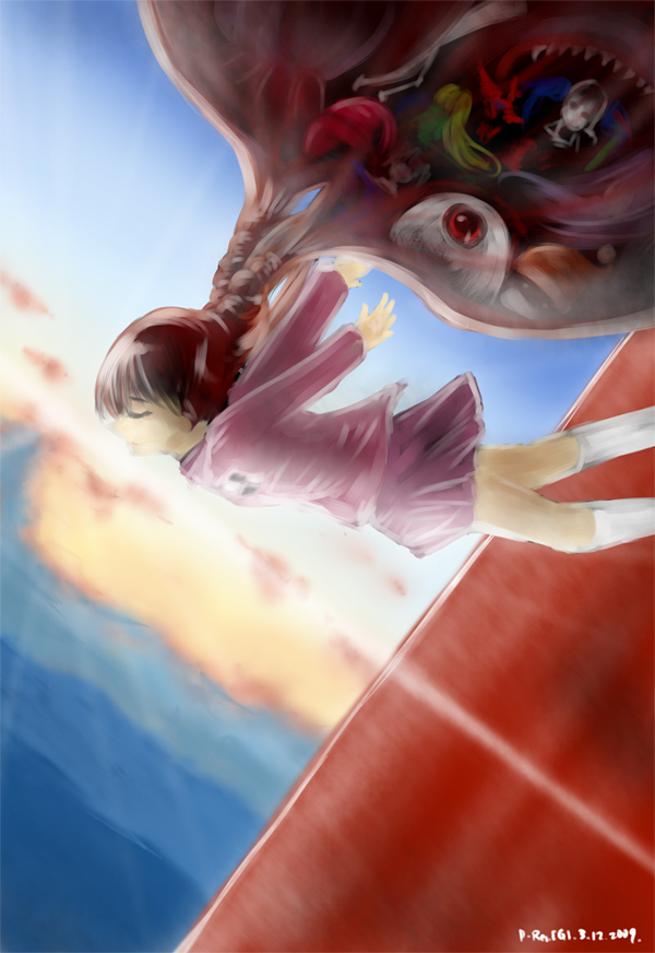 disillusionrev, kamio (d-rev), madotsuki, yume nikki, spoilers, 1girl, bad end, braid, brown hair, falling, female focus, sky, solo, suicide, twin braids