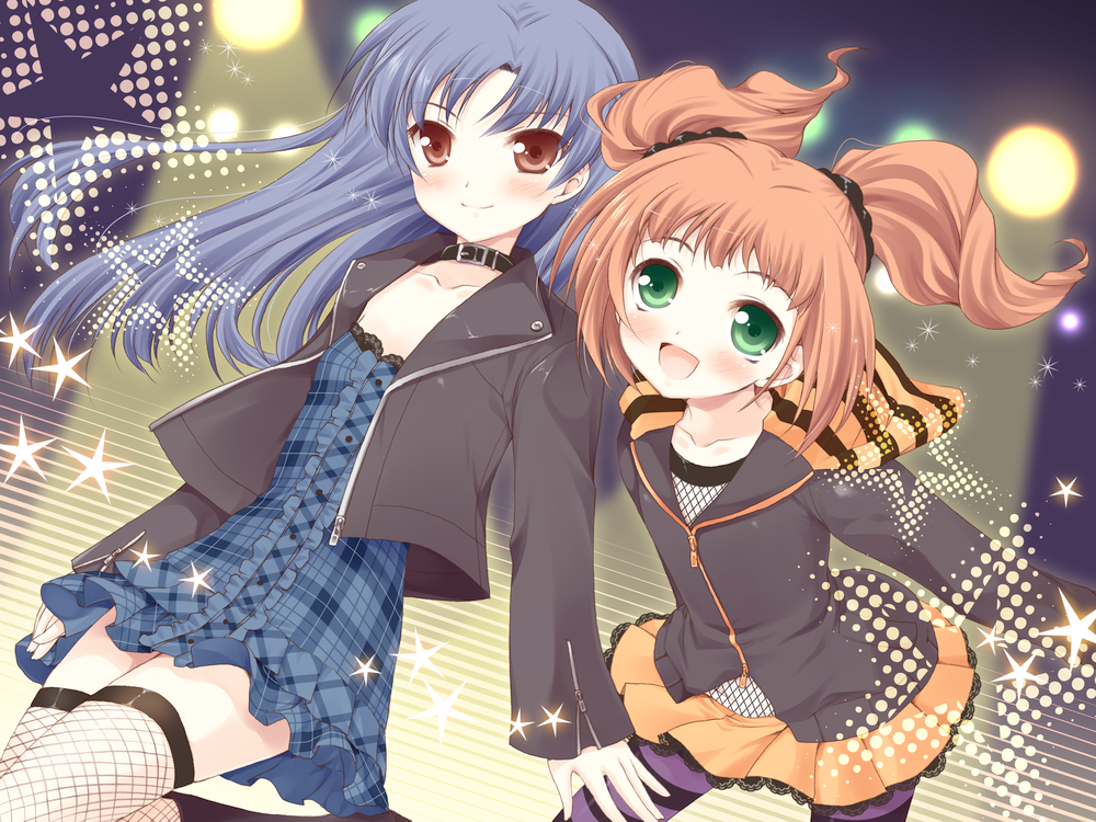 komi zumiko, kisaragi chihaya, takatsuki yayoi, idolmaster, idolmaster (classic), idolmaster 1, bad id, bad pixiv id, 00s, blue hair, brown eyes, brown hair, child, dress, green eyes, long hair, pantyhose, punkish gothic, short hair, thighhighs, twintails