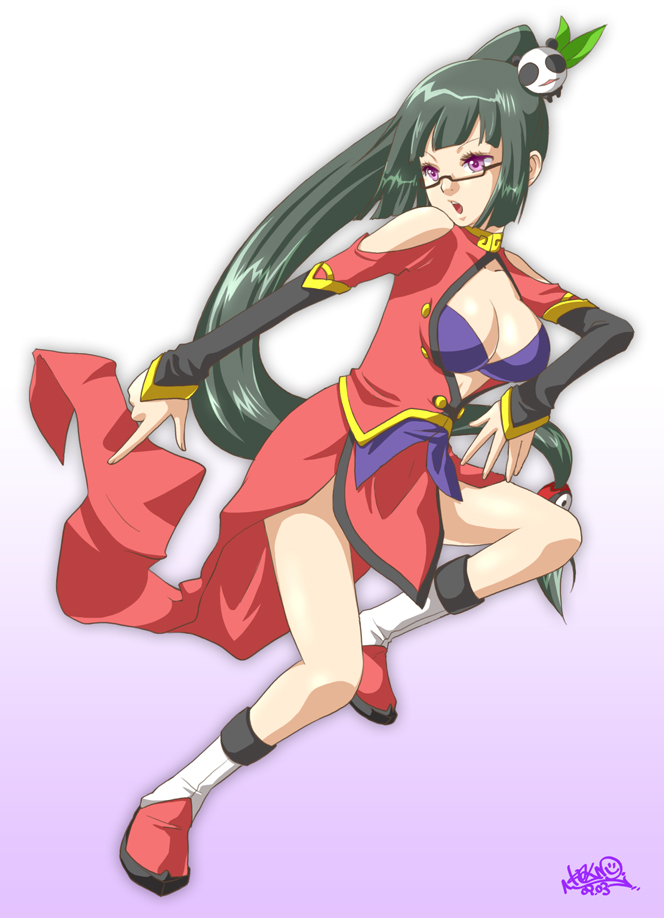 kalno, lao jiu, litchi faye ling, arc system works, blazblue, blazblue: calamity trigger, 1girl, black hair, breasts, china dress, chinese clothes, cleavage, cleavage cutout, clothing cutout, dress, female focus, large breasts, long hair, panda, ponytail, purple eyes, solo
