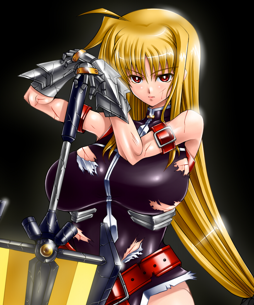 gao (artist), gao (naodayo), bardiche (nanoha), bardiche (zanber form) (nanoha), fate testarossa, fate testarossa (true sonic form), lyrical nanoha, mahou shoujo lyrical nanoha, mahou shoujo lyrical nanoha strikers, 00s, 1girl, blonde hair, blood, energy sword, female focus, gloves, long hair, low-tied long hair, muscular, red eyes, ribbon, solo, sword, torn clothes, very long hair, weapon