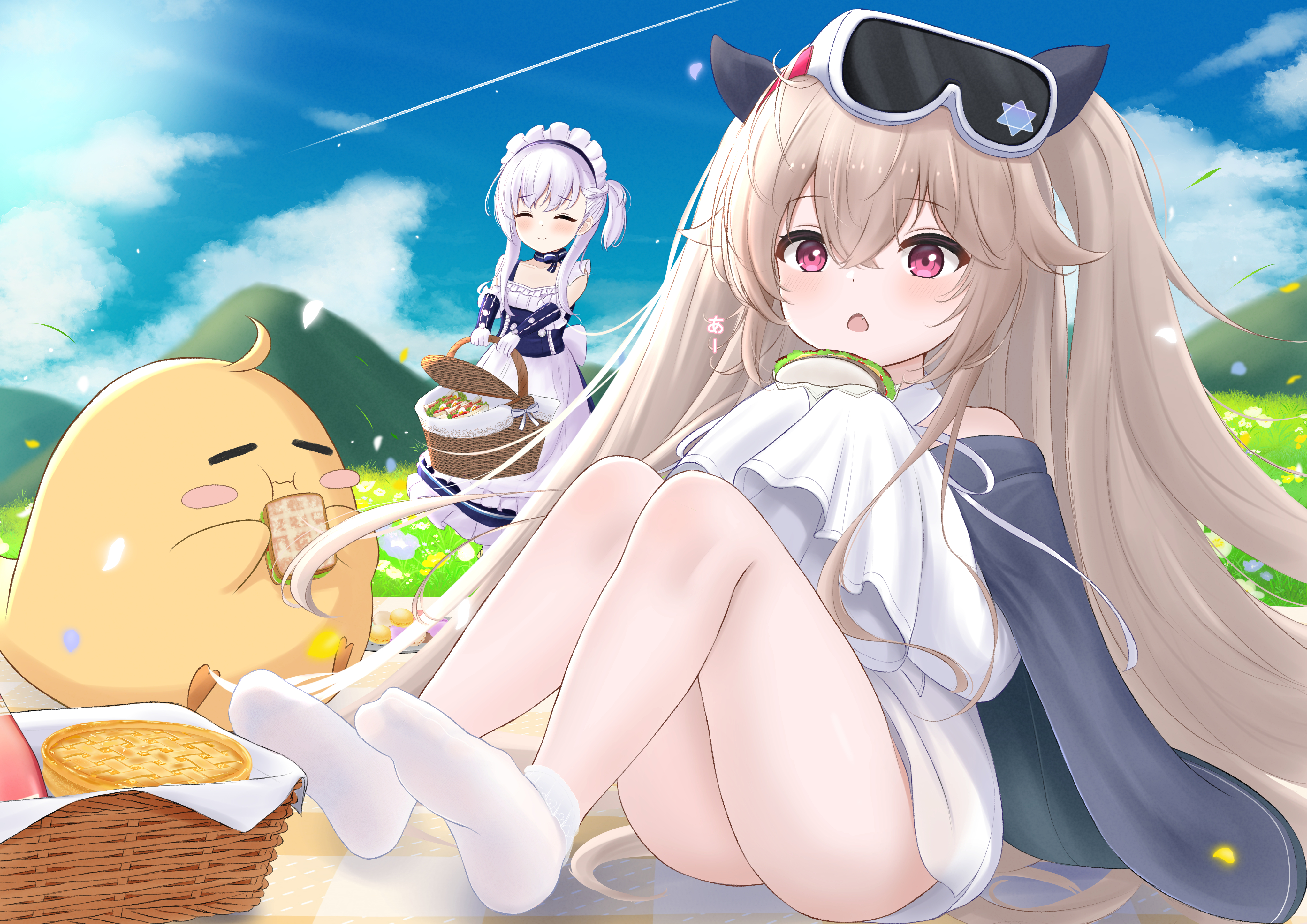 paashe, little anchorage (azur lane), little bel (azur lane), manjuu (azur lane), azur lane, absurdres, commentary request, highres, 2girls, blonde hair, blush stickers, cherry blossoms, chestnut mouth, closed eyes, cloud, contrail, dress, eating, feet, flower, food, goggles, goggles on head, hair ornament, hill, long hair, long sleeves, maid, maid headdress, multiple girls, open mouth, petals, picnic, picnic basket, red eyes, sandwich, sitting, sleeves past fingers, sleeves past wrists, smile, socks, thighs, white hair, white socks