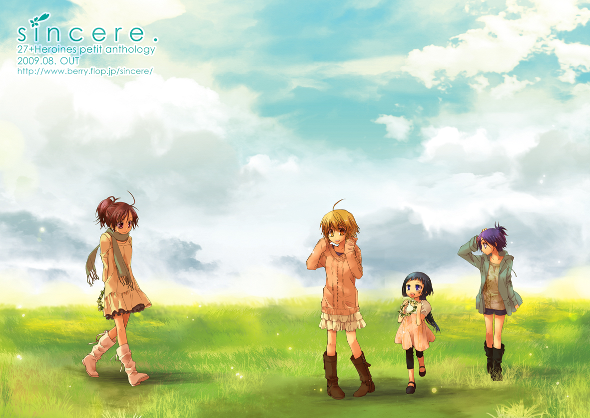 natsume (1-pico), chrome dokuro, miura haru, sasagawa kyouko, katekyo hitman reborn!, 00s, 4girls, blonde hair, brown hair, female focus, full body, multiple girls, nature, outdoors, ponytail, purple hair, scarf, short hair, sky
