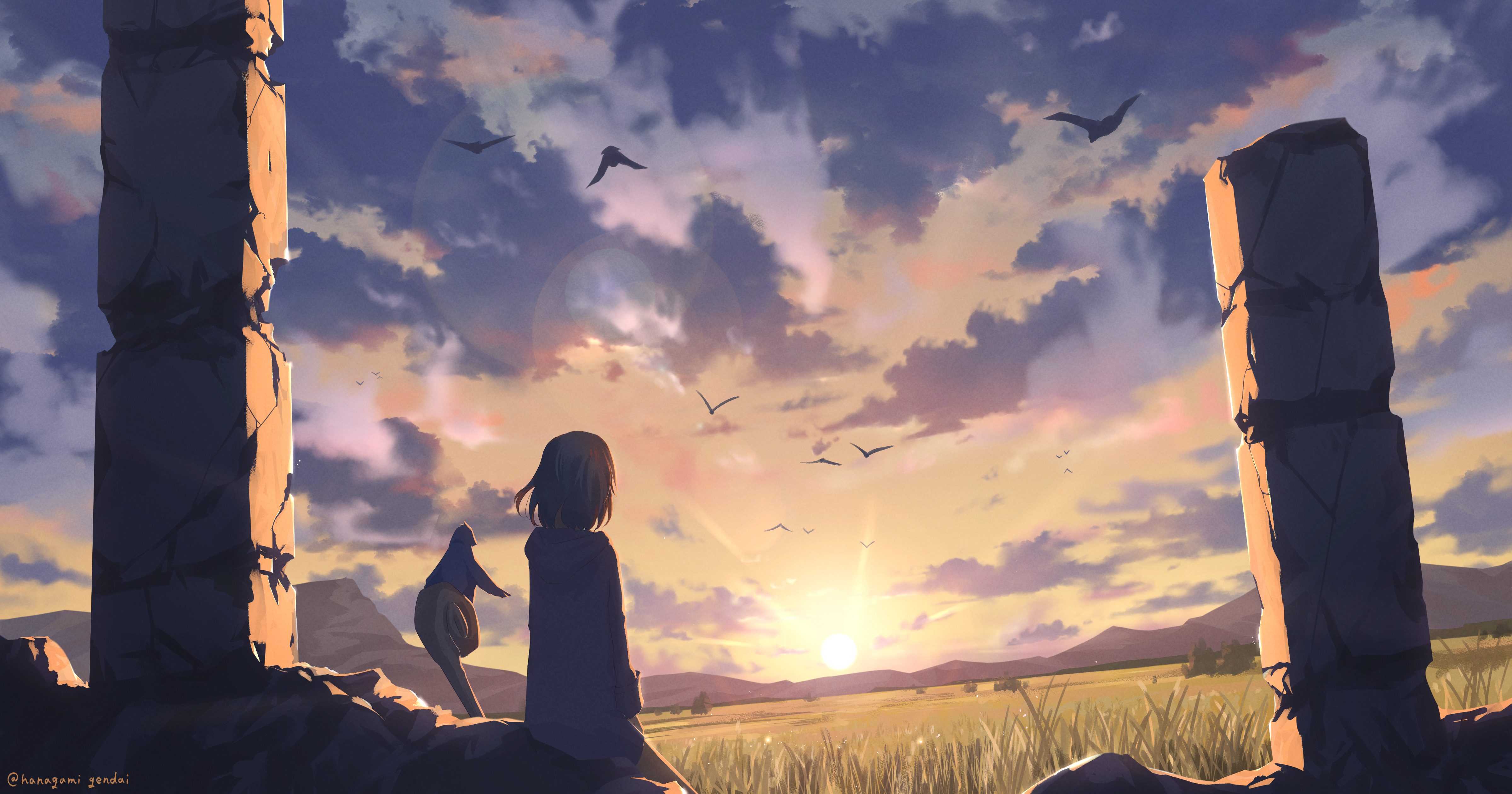 hanagami gendai, original, absurdres, commentary, highres, revision, 1girl, bird, cloud, cloudy sky, facing away, field, from behind, lens flare, long sleeves, looking afar, mountainous horizon, outdoors, ruins, scenery, short hair, sitting, sky, staff, sunlight, sunrise, sunset, twitter username, wide shot