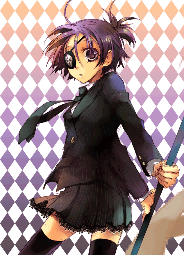 natsume (1-pico), chrome dokuro, katekyo hitman reborn!, 00s, 1girl, ahoge, black necktie, black thighhighs, cowboy shot, eyepatch, female focus, from side, gradient background, hair between eyes, necktie, purple eyes, purple hair, school uniform, skirt, solo, standing, striped clothes, striped skirt, thighhighs