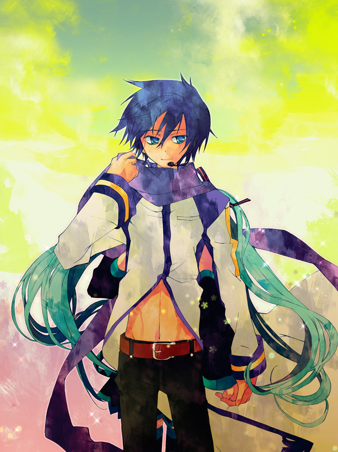 natsume (1-pico), hatsune miku, kaito (vocaloid), vocaloid, bad id, bad pixiv id, 1boy, 1girl, back-to-back, blue hair, couple, green hair, hetero, holding hands, long hair, microphone, solo focus, twintails, very long hair
