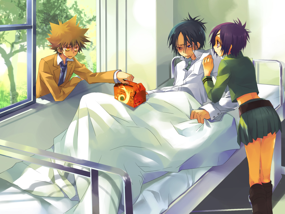 natsume (1-pico), chrome dokuro, rokudou mukuro, sawada tsunayoshi, katekyo hitman reborn!, 00s, 1girl, 2boys, bed, belt, blue hair, boots, brown hair, eyepatch, hospital, hospital bed, indoors, medical, midriff, miniskirt, multiple boys, necktie, pleated skirt, purple hair, short hair, skirt, tree