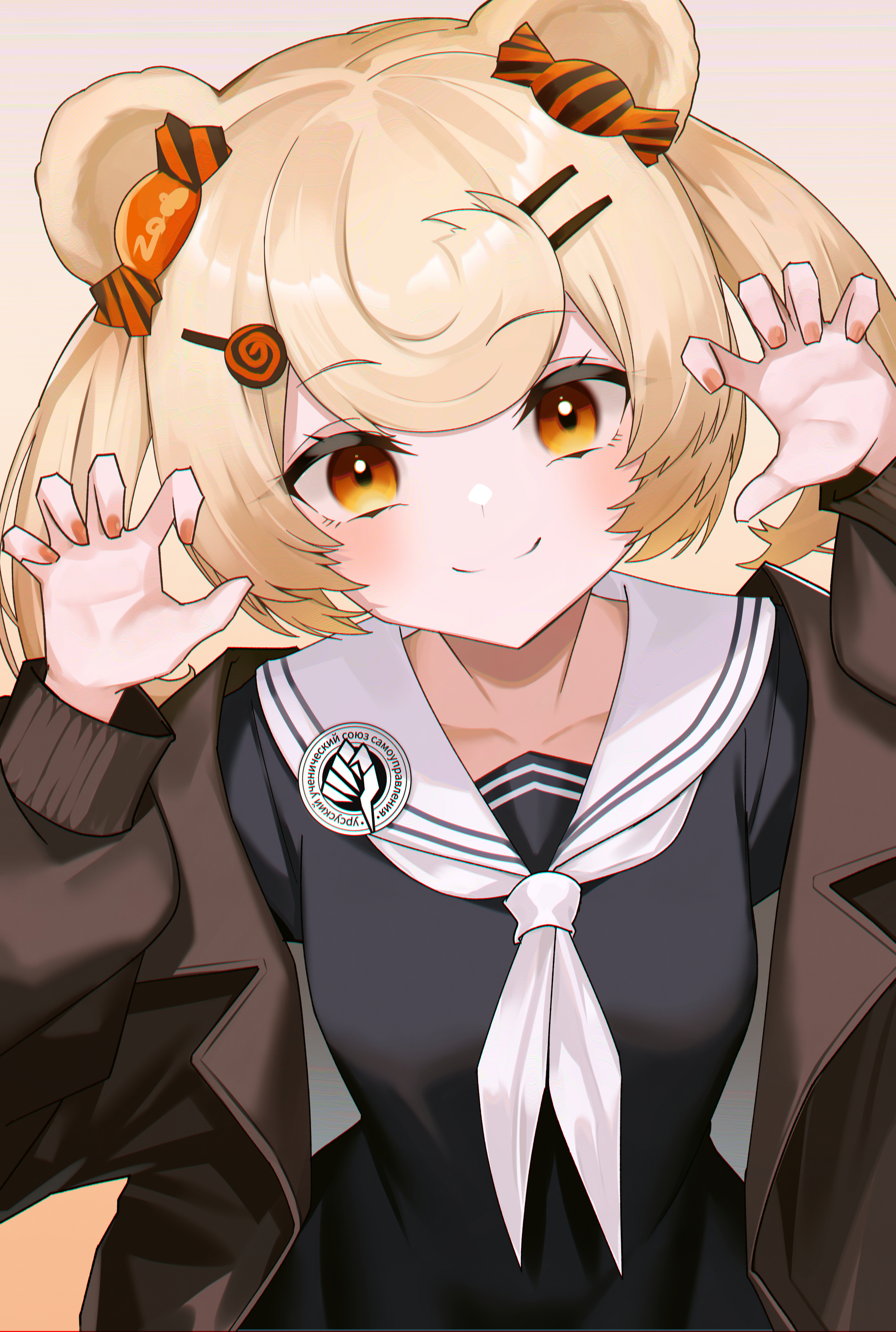 bine kun, gummy (arknights), arknights, absurdres, highres, 1girl, animal ears, bear ears, bear girl, blonde hair, brown jacket, candy hair ornament, dress, food-themed hair ornament, hair ornament, jacket, lollipop hair ornament, looking at viewer, neckerchief, open clothes, open jacket, open mouth, paw pose, sailor collar, sailor dress, school uniform, serafuku, smile, solo, ursus logo, white neckerchief, white sailor collar